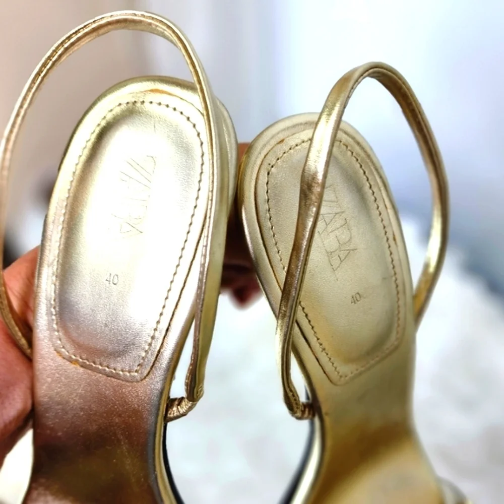 Zara shoes gold metallic kitten slingback heels clear embellished vamp size 9 - Picture 4 of 11